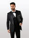 The men's black shawl tuxedo features a double-breasted vest, crafted from a smooth, black fabric with a tailored fit. The shawl collar is elegantly styled, and the suit jacket has a single button closure.