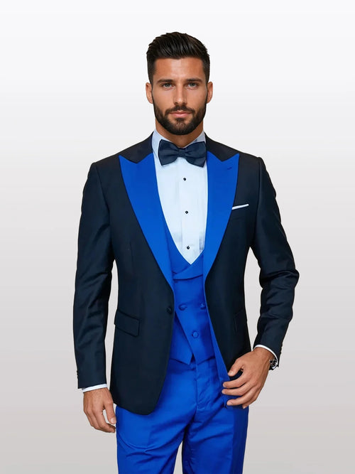 Statement Men's Black Vested with Royal Blue Peak Lapel 100% Wool Tuxedos