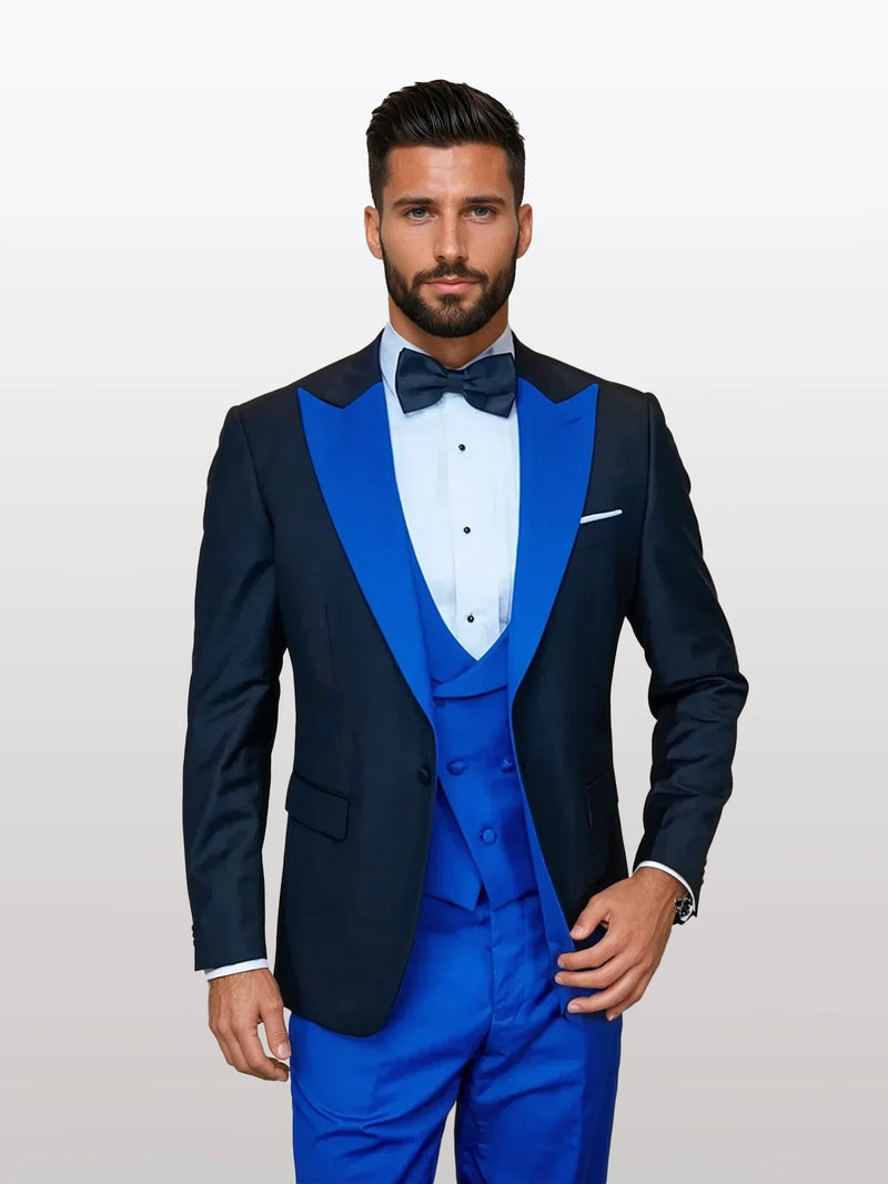 Men’s Black and Royal Blue 100% Wool Vested Tuxedo Suit with Peak Lapel, Wedding Prom Formal Suit Set