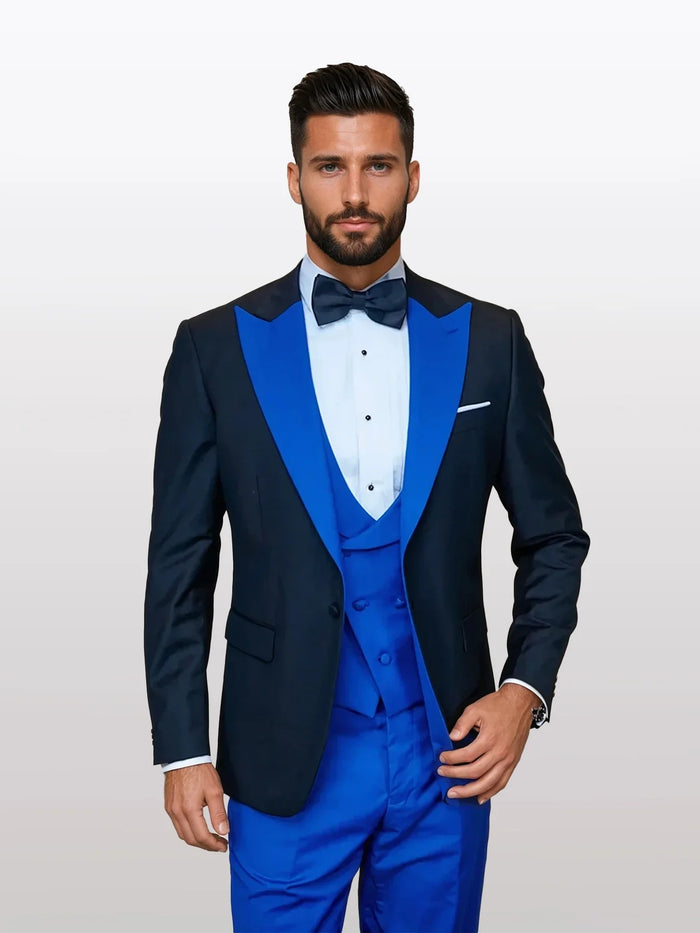 Men’s Black and Royal Blue 100% Wool Vested Tuxedo Suit with Peak Lapel, Wedding Prom Formal Suit Set
