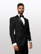 Men's black tuxedo with a black lapel, crafted from 100% wool, featuring a fitted design with a single-breasted jacket and a three-button closure.