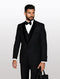 Men's black tuxedo features a black velvet lapel, structured shape, and is made of 100% wool. It includes a buttoned vest, single-breasted design, and white shirt cuffs.