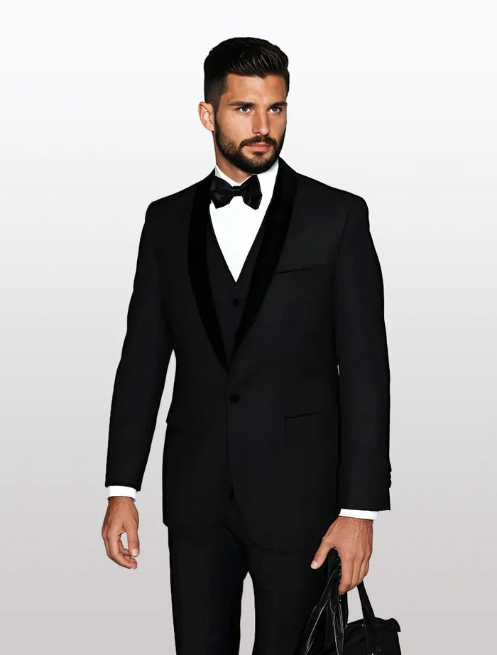 Men's black tuxedo features a black velvet lapel, structured shape, and is made of 100% wool. It includes a buttoned vest, single-breasted design, and white shirt cuffs.