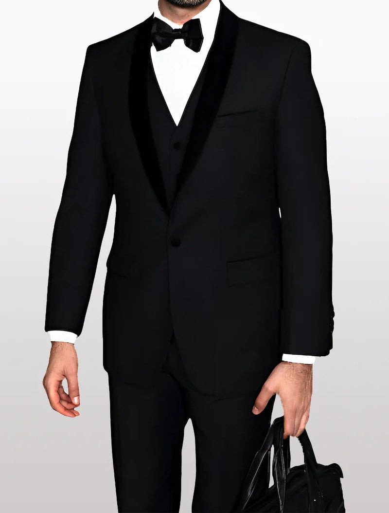 Men's black velvet tuxedo with a black lapel features a fitted vest. The fabric appears to be 100% wool, providing a smooth, sleek finish. The tuxedo is paired with a white dress shirt and a black bow tie.