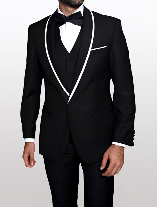 A men's tuxedo featuring a black fabric with a white lapel, constructed from 100% wool, includes a matching vest, and is styled with a bow tie and white shirt.
