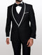 A men's tuxedo featuring a black fabric with a white lapel, constructed from 100% wool, includes a matching vest, and is styled with a bow tie and white shirt.