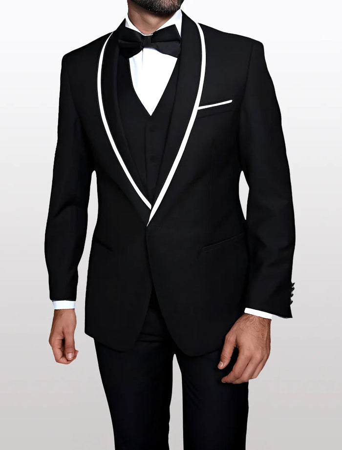 A men's tuxedo featuring a black fabric with a white lapel, constructed from 100% wool, includes a matching vest, and is styled with a bow tie and white shirt.
