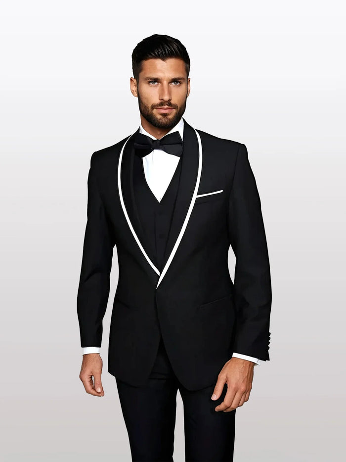Men's black tuxedo featuring a white lapel, constructed from 100% wool, showcasing a two-button design with side pockets. The vest is black, complementing the tuxedo's overall monochrome aesthetic.