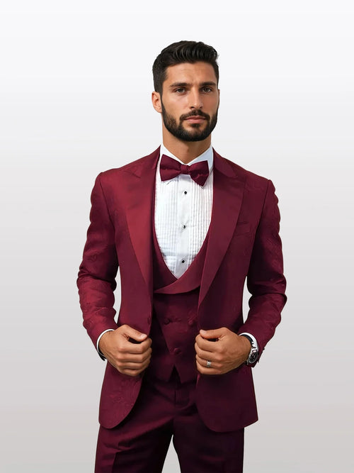 Statement Men's Burgundy Patterned Vested Tuxedos with Bowtie