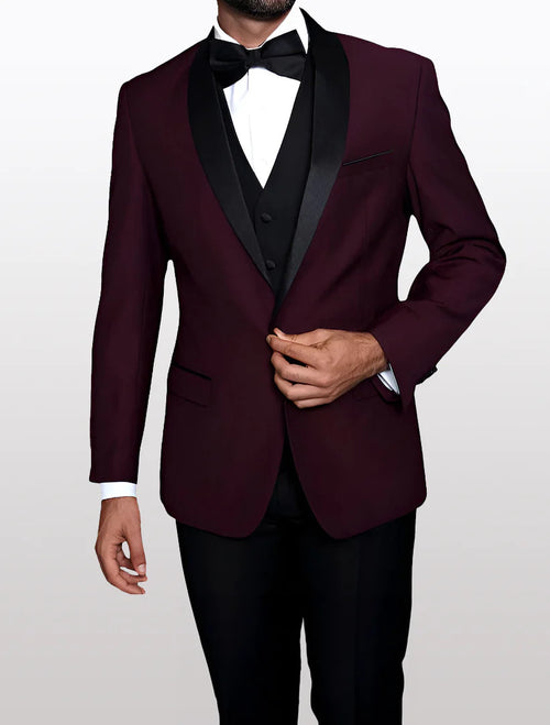 Statement Men's Burgundy with Black Lapel Vested 100% Wool Tuxedos