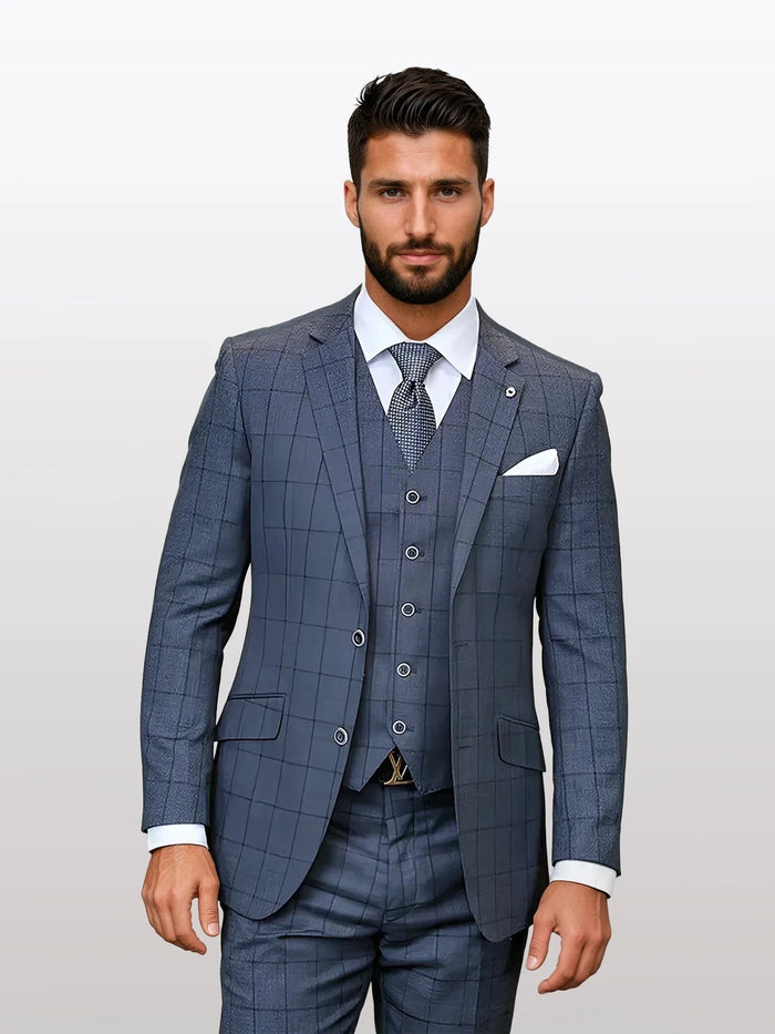 Men's charcoal windowpane modern fit vested suit features a fitted cut, premium fabric, and a subtle windowpane pattern. The suit includes a two-button jacket, a matching vest with five buttons, and tailored trousers.