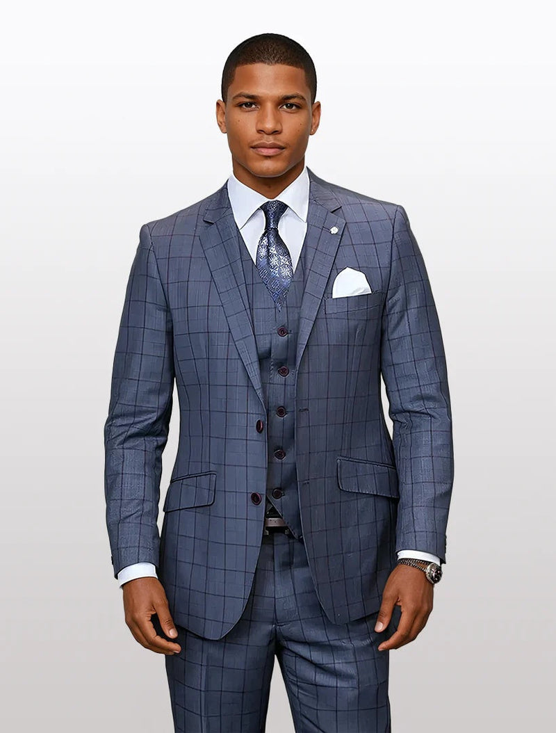 Men's vest suit featuring a charcoal and burgundy windowpane pattern, made from 100% wool, with a fitted shape and a five-button vest, complemented by notch lapels and dual side pockets.