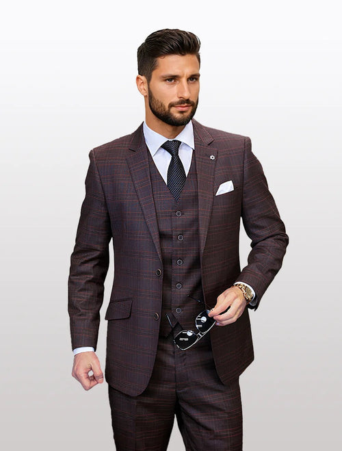 Men's copper plaid 100% wool vested suit features a fitted blazer with structured shoulders, a five-button vest, and tailored trousers. The fabric displays a copper plaid pattern against a dark background.