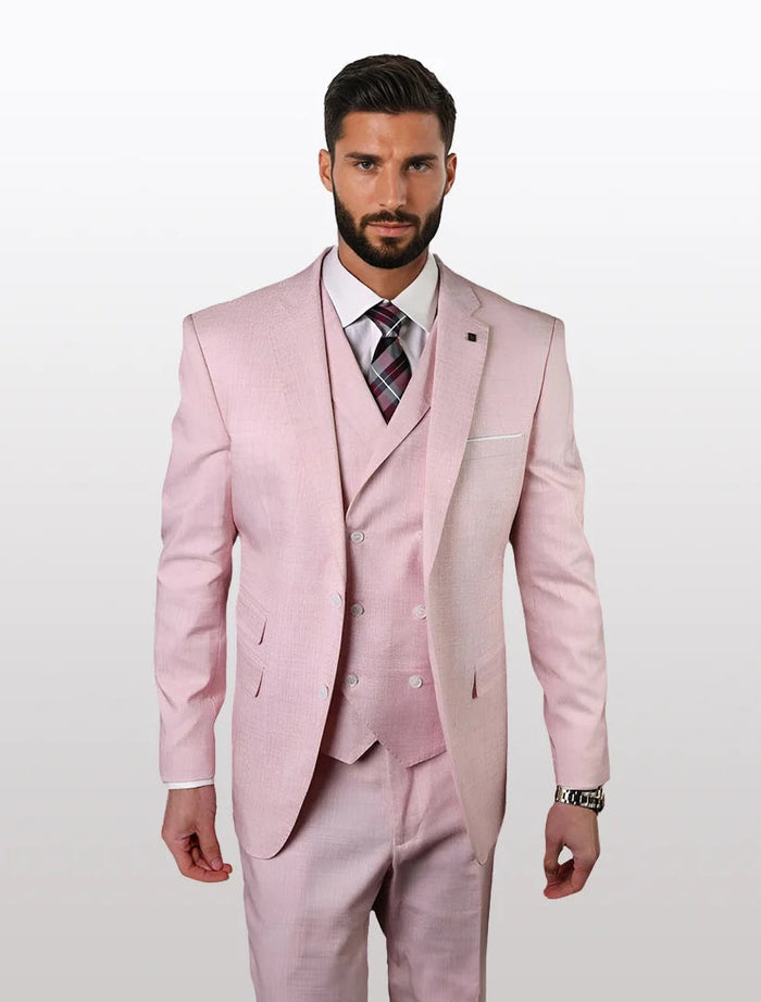 Men's dusty pink slim fit suit features a double-breasted vest made from 100% wool. The suit has a tailored shape with defined shoulders and fitted trousers.