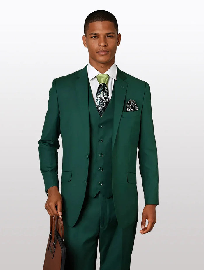 Men's forest green modern fit 100% wool vested suit features a tailored jacket with a single-breasted design and two front pockets, paired with a matching vest and trousers.