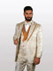Men's gold jacquard vest tuxedo features a textured, metallic gold fabric with subtle patterns. The suit jacket is complemented by a matching vest and pleated pants in a similar hue.