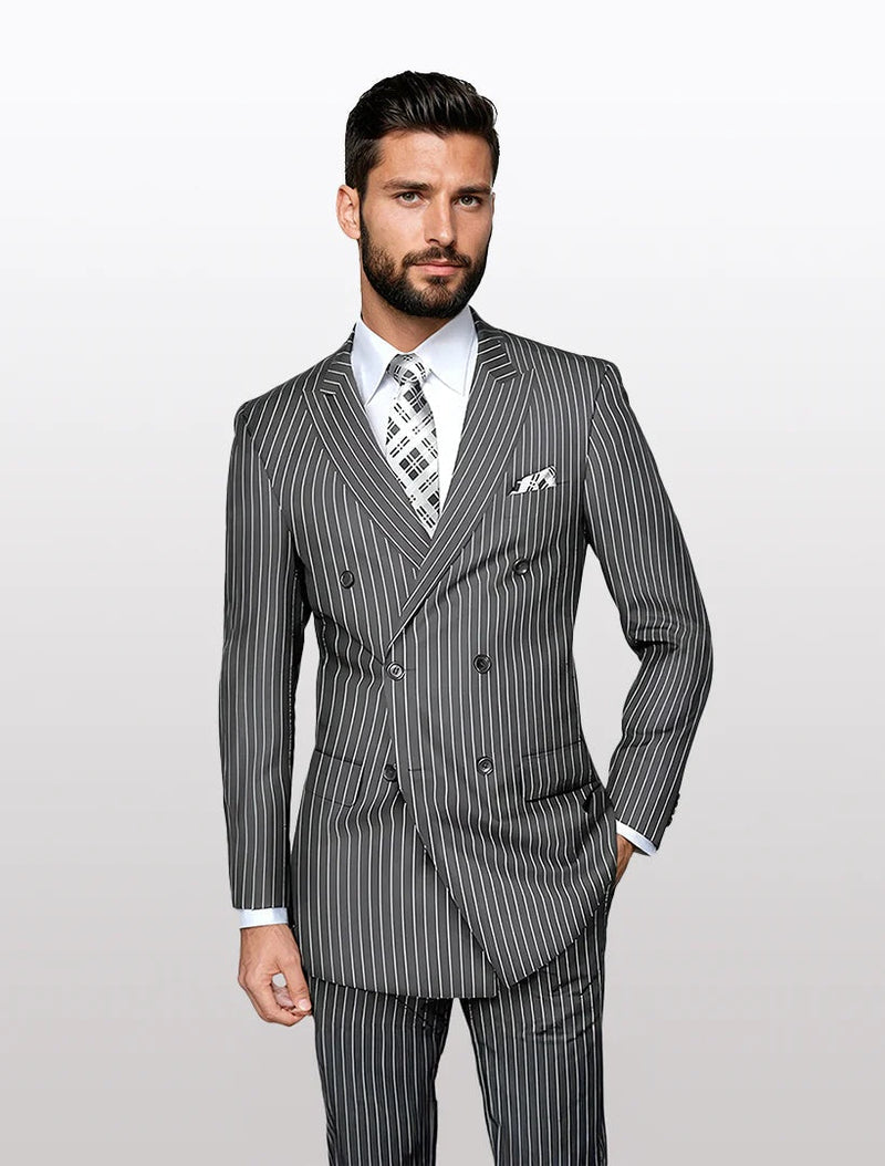 Mens grey pinstripe double-breasted suit featuring a structured form, vertical pinstripes, and contrasting buttons. The suit includes a peaked lapel and side pockets.