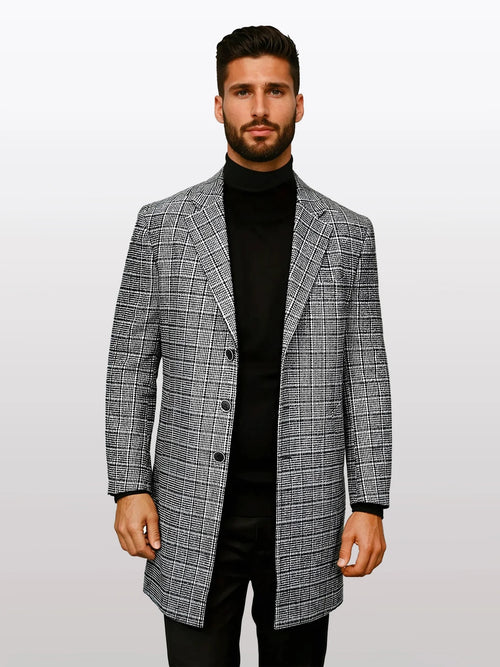 Statement Men's Grey with Black Windowpane 100% Wool 3/4 Coats