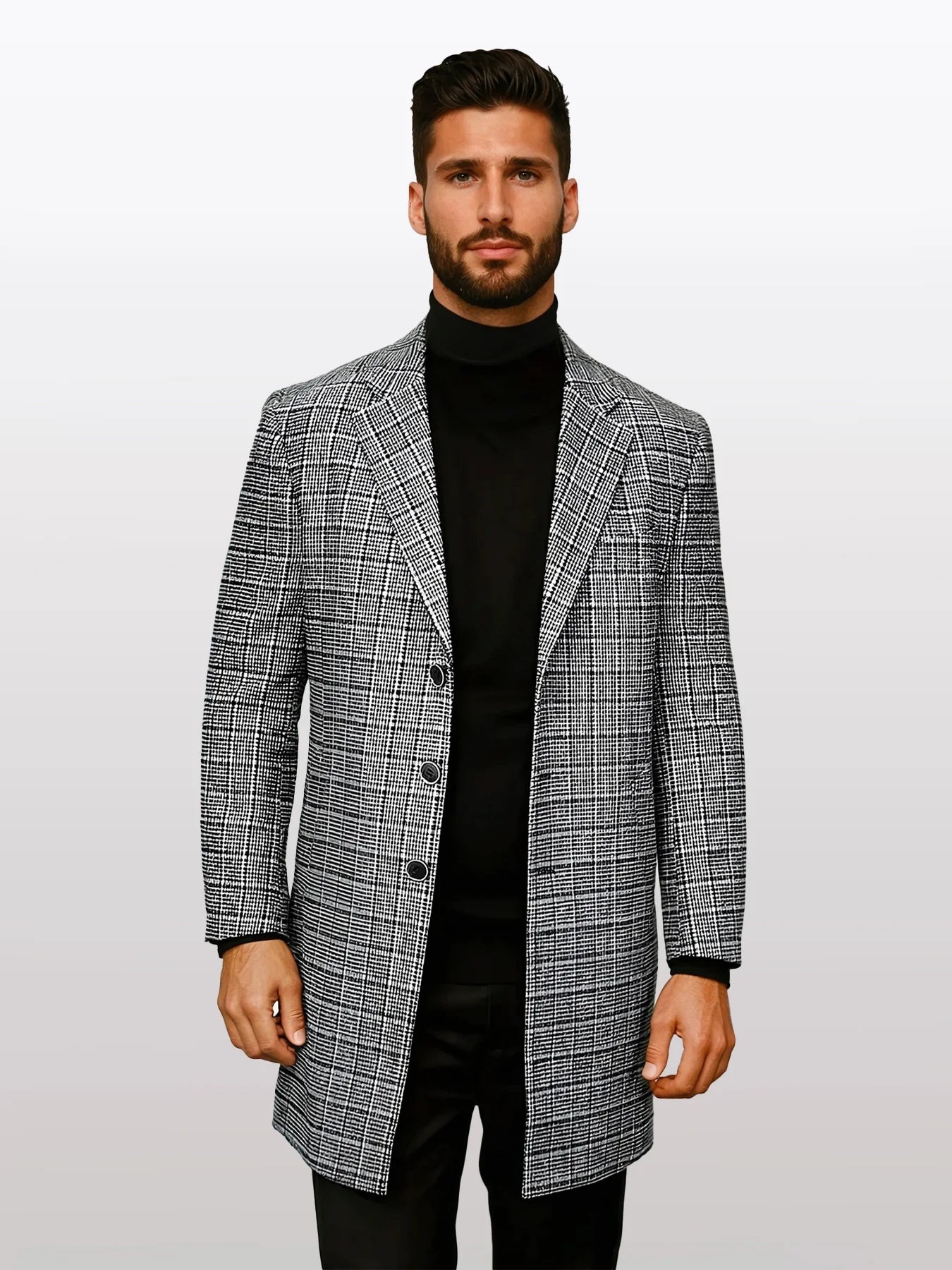 Statement Men's Grey with Black Windowpane 100% Wool 3/4 Coats