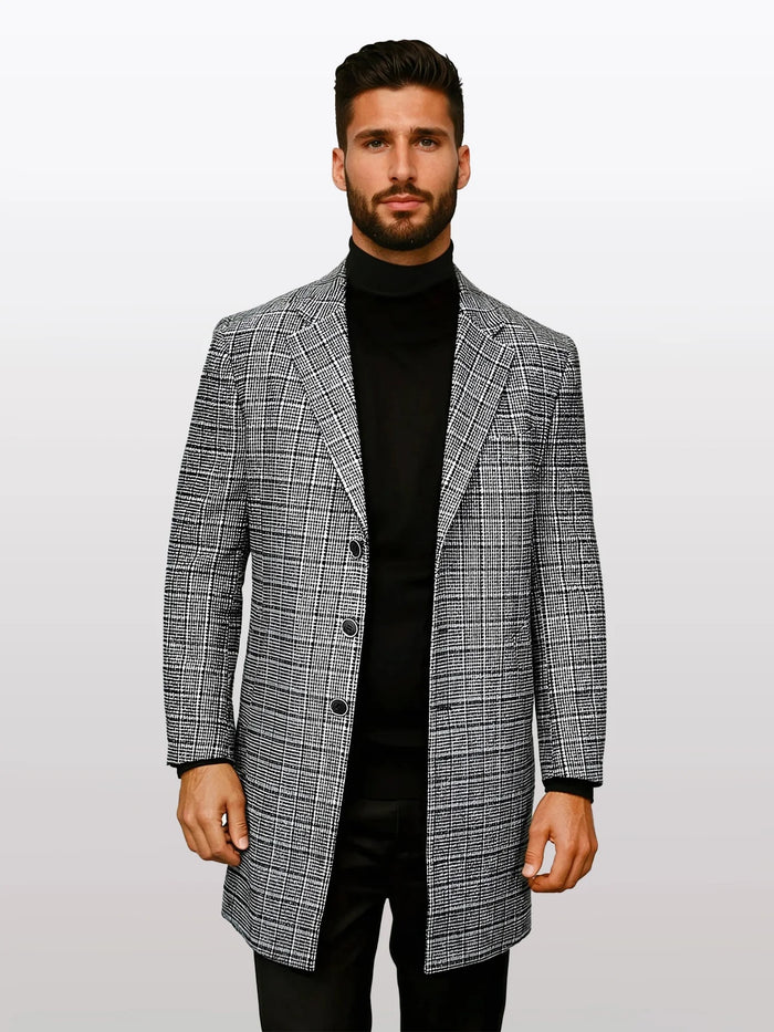 Statement Men's Grey with Black Windowpane 100% Wool 3/4 Coats