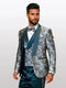Mens hunter green patterned vested tuxedo features a fitted jacket with a shawl collar, a patterned vest, and a matching bowtie. The tuxedo has intricate designs and a smooth fabric finish.