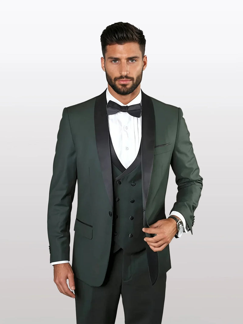 Men’s Hunter Green Vested Tuxedo Suit with Black Trim Shawl Lapel, Wedding Prom Formal Suit Set