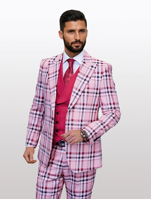 Statement Men's Hunter Pink Tartan Patterned Vested Suits