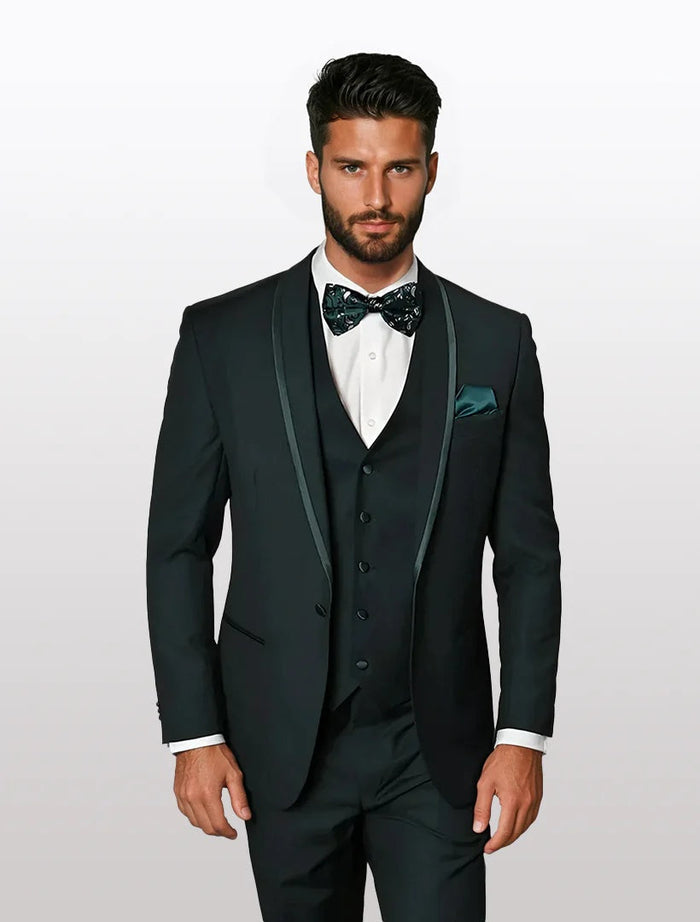 Men's tuxedo featuring a vested design with a trim lapel, made from 100% wool. The tuxedo is predominantly black, with satin accents along the lapels and pockets.