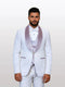 Men's ivory velvet shawl lapel tuxedo features a textured fabric with a floral pattern and a light violet velvet shawl lapel. It includes a matching velvet vest and contrasting black buttons.