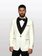 The mens ivory tuxedo has a fitted shape with a black satin lapel, 100% wool fabric, and features a single button closure. It includes black pocket accents and is paired with a black bow tie.
