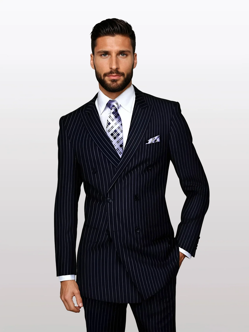 Men’s Navy Pinstripe Double Breasted Suit, Statement Formal Wedding Business Dress Suit