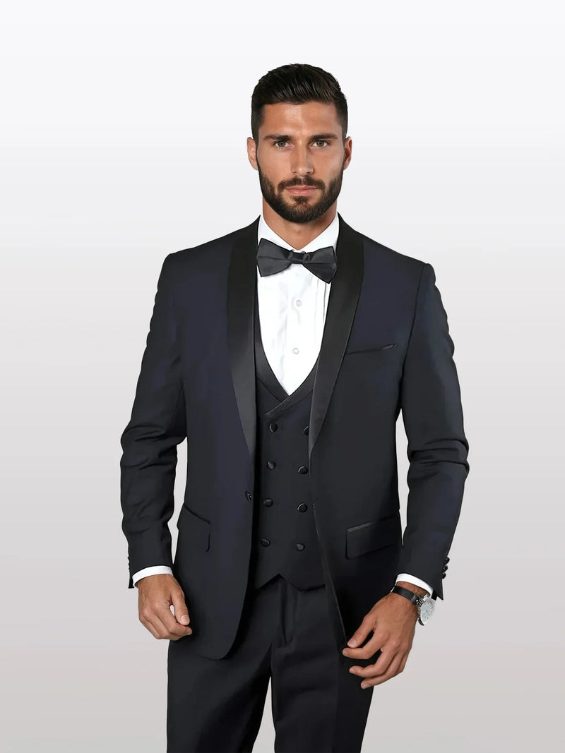 Men’s Navy 100% Wool Vested Tuxedo, Shawl Lapel Wedding Prom Formal Suit Set