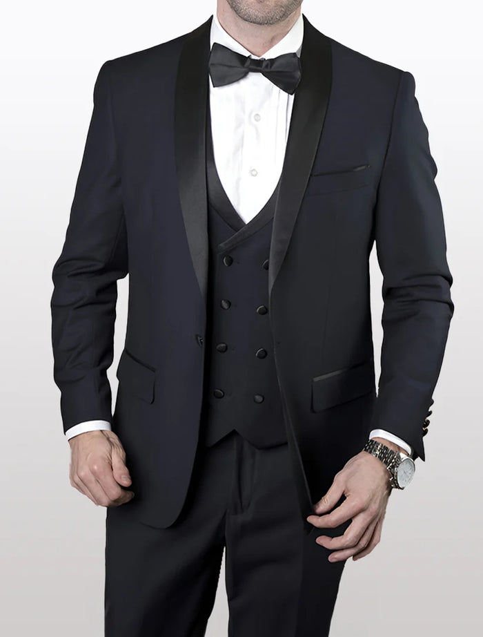 Men’s Navy 100% Wool Vested Tuxedo, Shawl Lapel Wedding Prom Formal Suit Set