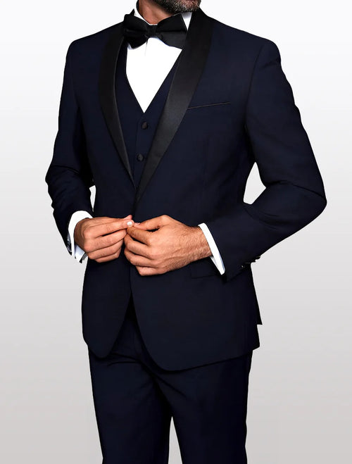 Statement Men's Navy with Black Lapel Vested 100% Wool Tuxedos