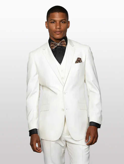 Men's off-white solid modern fit vested suit by Alberto Nardoni featuring a single-breasted jacket, notch lapels, and two front pockets. Made from 100% wool, it offers a sleek silhouette with a coordinated vest underneath. The trousers match in color and design, completing the contemporary look.