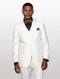 Men's off-white solid modern fit vested suit by Alberto Nardoni featuring a single-breasted jacket, notch lapels, and two front pockets. Made from 100% wool, it offers a sleek silhouette with a coordinated vest underneath. The trousers match in color and design, completing the contemporary look.