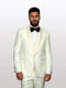 Beige wool tuxedo featuring a white satin lapel and a five-button vest. It includes front pockets and is tailored for a fitted silhouette.