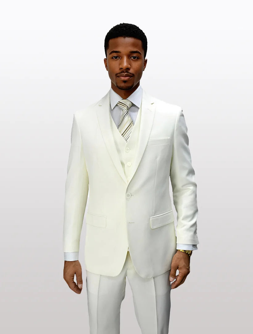Men's off-white 100% wool slim fit suit features a tailored jacket with a single button closure, notch lapels, and two front pockets. The pants are slim fit with creases.