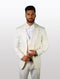 Men's off-white patterned vested tuxedo, featuring a structured blazer and a matching bowtie, with a subtly detailed texture throughout the fabric and an accompanying vest.