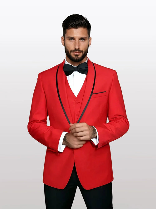 Statement Men's Red Vested with Black Trim Fine Lapel 100% Wool Tuxedos