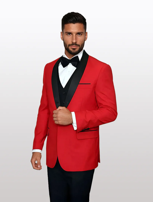 The men's tuxedo features a bold red body with a black lapel and is crafted from 100% wool. It includes a black vest and structured fit, complemented by black accents and a single pocket.