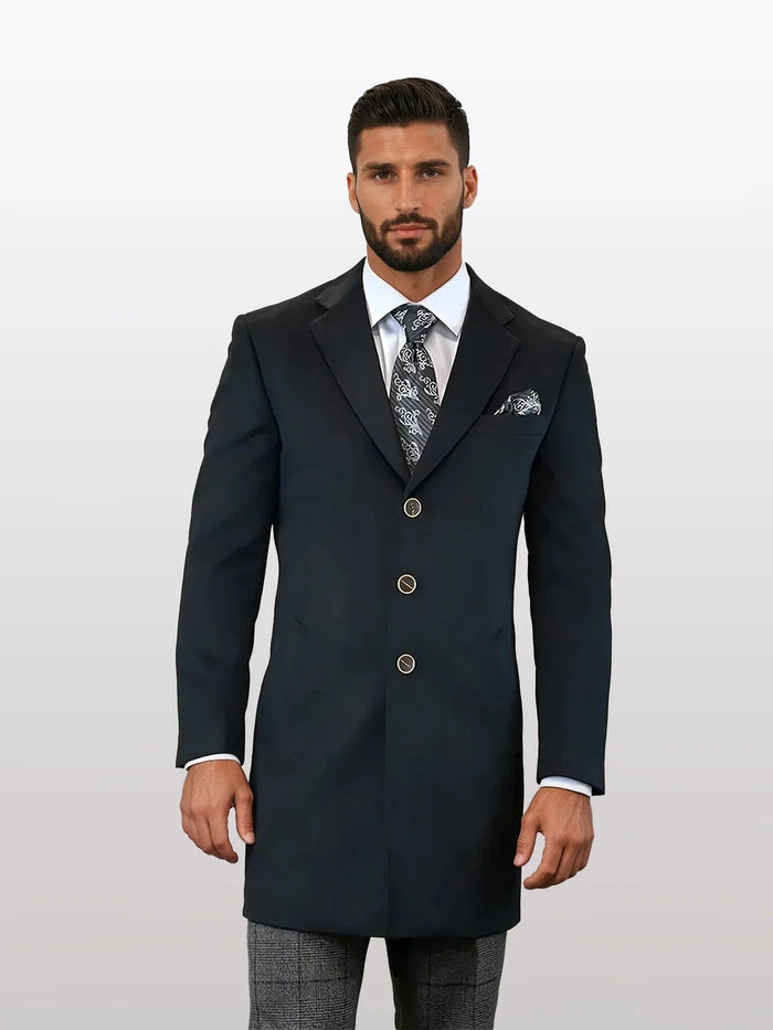Mens solid black overcoat made from 100% wool features a tailored shape with a single-breasted front, three visible buttons, and a peak lapel design.