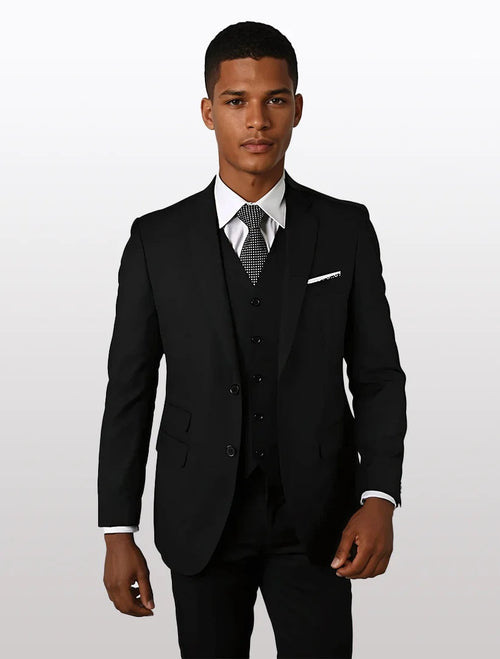This is a men's solid black tailored-fit vested suit crafted from 100% wool. It features a single-breasted jacket with two front pockets, a notch lapel, and a three-button vest.