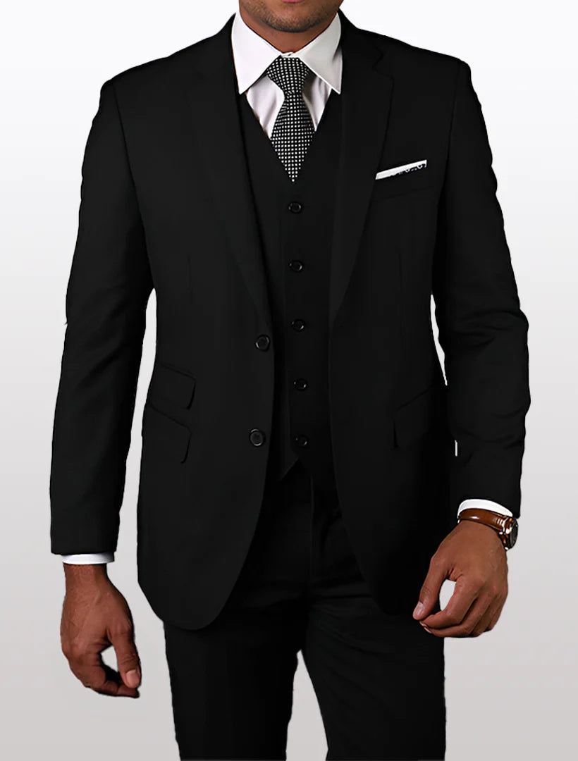 Men's solid black tailored fit suit made of 100% wool, featuring a single-breasted jacket with two front pockets, a five-button vest, and flat-front trousers.