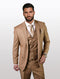 Men's solid caramel modern fit vested suit made from 100% wool features a single-breasted blazer with notch lapels, a five-button vest, and matching trousers. The suit is fully lined and has a smooth texture.