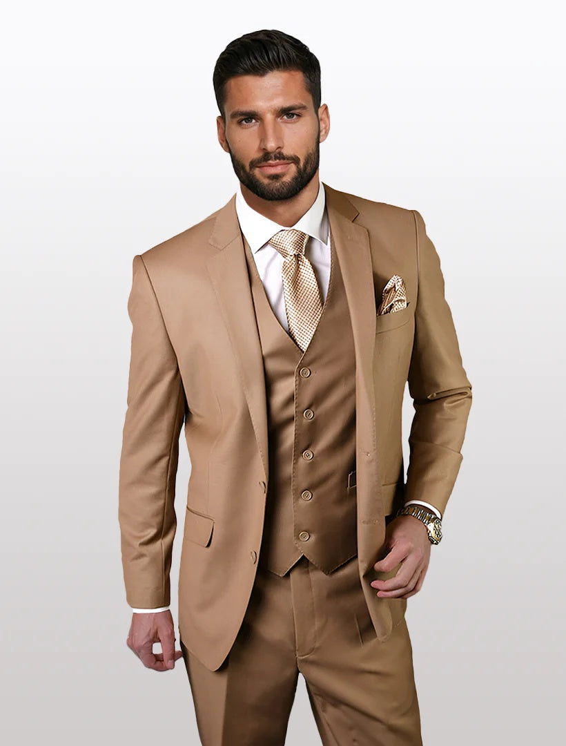 Statement Men's Solid Caramel Modern Fit 100% Wool Vested Suits ...