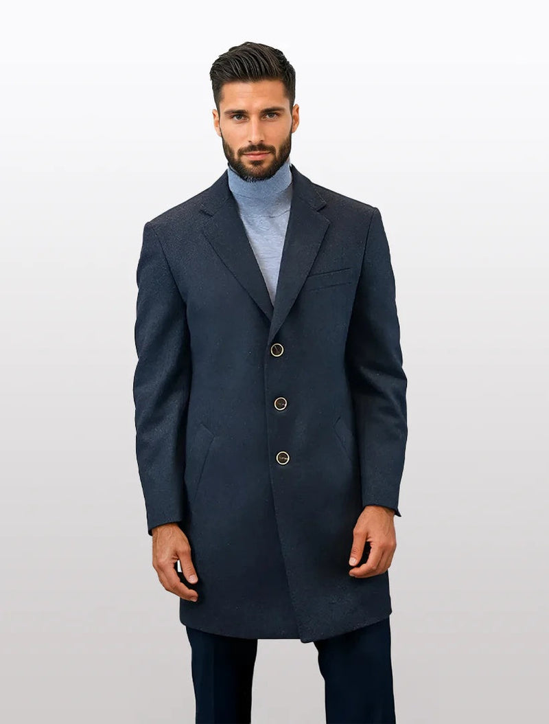 Men's solid charcoal overcoat made from 100% wool features a straight silhouette, notch lapels, and three buttons at the front. The coat includes side pockets and a smooth texture.
