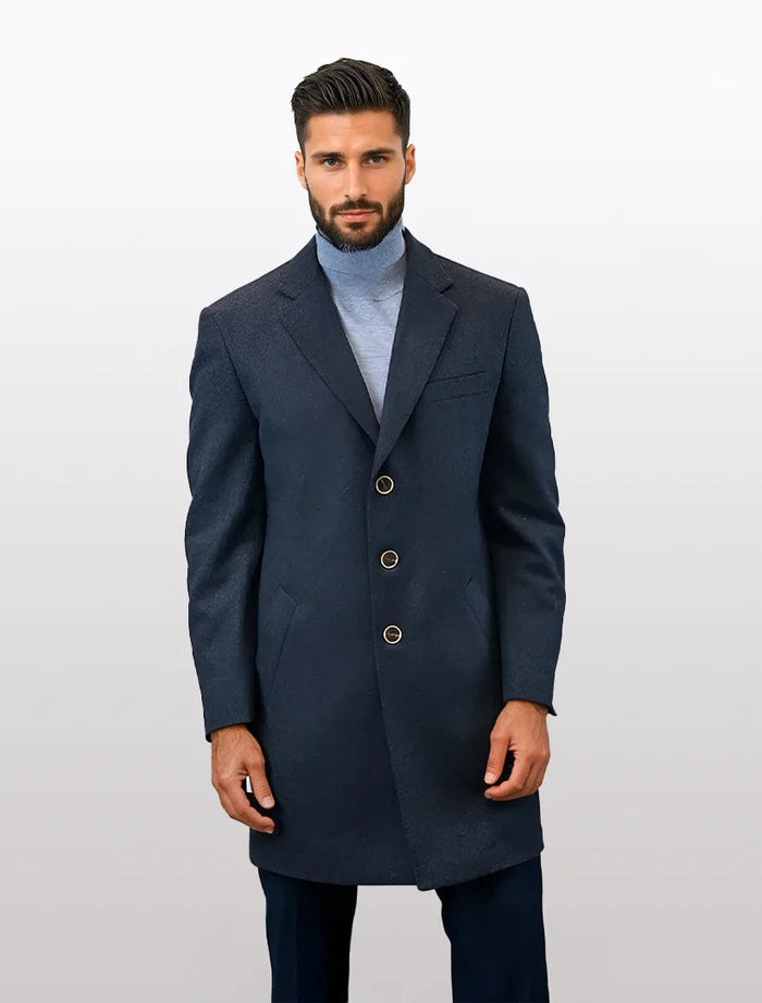 Men's solid charcoal overcoat made from 100% wool features a straight silhouette, notch lapels, and three buttons at the front. The coat includes side pockets and a smooth texture.