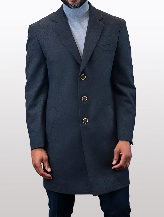 Men's solid charcoal overcoat made of 100% wool featuring a tailored shape with a single-breasted design, two front pockets, and four visible gold-tone buttons.