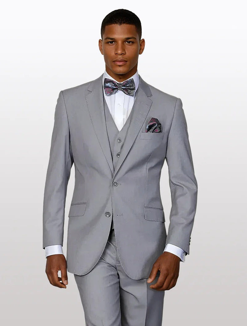 Men's solid grey modern fit vested suit, made from 100% wool, features a tailored jacket with a notch lapel, two front pockets, and matching trousers.